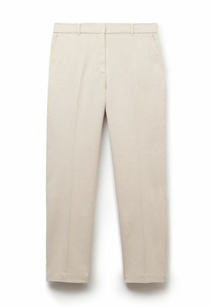 Jasno-beżowe spodnie o gładkiej fakturze, proste nogawki, kieszenie boczne i płaski przód. Posiadają szlufki na pasek w talii.