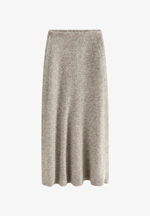 Fustă midi tricotată în gri deschis, cu un finisaj texturat, talie elastică și tiv evazat, cu accente subtile din plasă pe laturi.