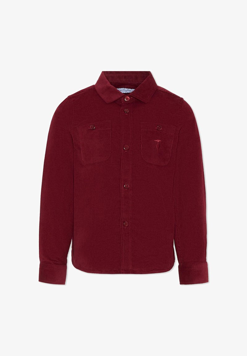 Chemise bordeaux à manches longues en tissu doux, avec un col boutonné, deux poches poitrine et un subtil détail brodé.