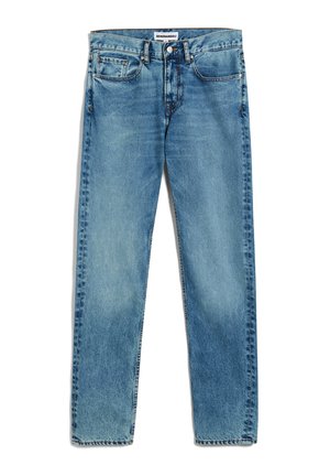 Jeans in denim azzurro chiaro con taglio dritto, dotati di cinque tasche, chiusura con zip e leggera scoloritura sul tessuto. Chiusura con bottone metallico.