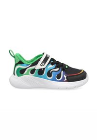Scarpa da ginnastica nera e blu con design a fiamma, accenti verdi e suola bianca. Presenta una fascia in Velcro e una superficie testurizzata per una migliore presa.