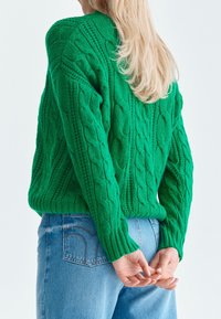 Maglione verde a maglia lavorata a trecce con motivo testurizzato e polsini a coste. La parte posteriore presenta una scollatura ampia, abbinata a jeans di denim azzurro chiaro.