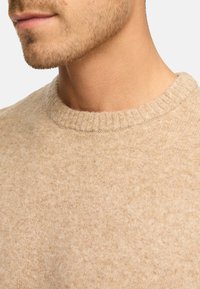 Beige gebreide trui met een ronde halslijn. Zachte textuur, fijne maas. Geen zichtbare patronen of hardware. Close-up van het kraaggebied.
