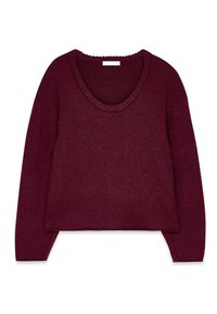 Bordo pulover z V-izrezom, dolgimi rokavi in rebrastim izrezom. Mehak material in sproščen kroj, ki ima skrajšan rob.