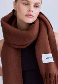 Bruine wollen sjaal losjes gewikkeld, met een wit label met "ARCTIC". Zachte textuur met franjes aan de uiteinden, die drapeert rond het halsgebied.