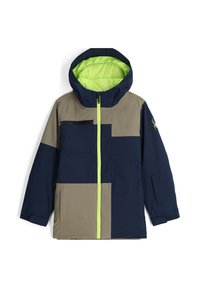 Veste colorée en blocs de couleurs marine et kaki, avec une fermeture éclair et une doublure de capuche vert fluo. Comprend une poche poitrine et des détails en tissu texturé.