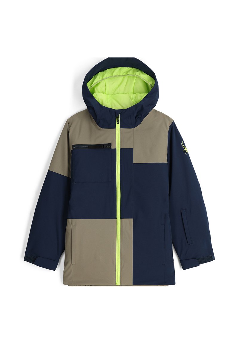 Veste colorée en blocs de couleurs marine et kaki, avec une fermeture éclair et une doublure de capuche vert fluo. Comprend une poche poitrine et des détails en tissu texturé.