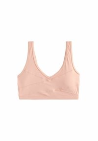 Ljusrosa bralette i slät tyg. Har en djup V-ringning, breda axelband och dekorativ diagonalsöm över framsidan.