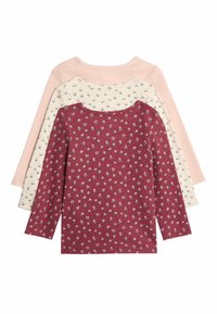 Drei Langarmoberteile: eines in Burgunderrot mit Blumenmuster, eines in Creme mit kleinem Blumenmuster, eines in hellrosa mit Rippstruktur. Baumwollstoff, lässiges Design.