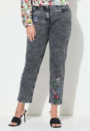 MIAMODA WITH FLORAL EMBROIDERY AND 5 POCKETS - Mom Jeans - charcoal gray