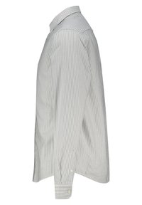 Camisa de rayas en tejido de algodón en gris claro y blanco. Cuenta con un cuello clásico, mangas largas, puños con botón y una abertura lateral en el dobladillo.