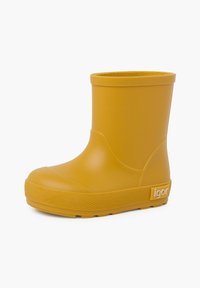 Stivale da pioggia in gomma giallo con punta rotonda, suola texturizzata e logo sul lato. Finitura liscia con design alla caviglia.