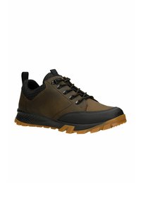 Scarpe da trekking basse in marrone e nero con suola testurizzata e lacci, progettate per l'uso all'aperto e il comfort.