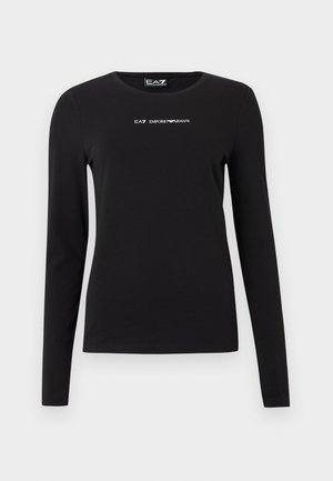 Čierne tričko s dlhým rukávom vyrobené z bavlny, s okrúhlym výstrihom a malým bielym logom na hrudi. Hladká textúra.