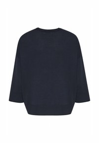 Dunkelblauer, oversized Pullover mit rundem Ausschnitt und drei Viertel langen Ärmeln. Glatte Textur, gerippter Saum an Taille und Ärmeln.