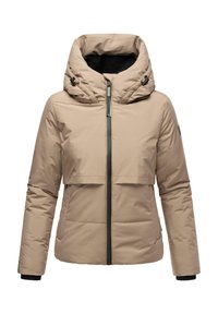 Beige padded jacket with a high, hooded collar, featuring a front zipper, two pockets, and black accents on the cuffs and zipper.
