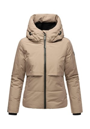 Beige gewatteerde jas met een hoge, met capuchon verhoogde kraag, voorzien van een rits aan de voorkant, twee zakken en zwarte accenten op de manchetten en rits.