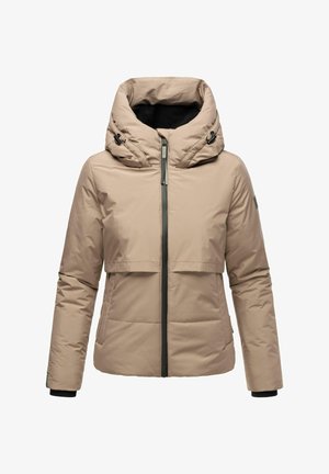 Beige gewatteerde jas met een hoge, met capuchon verhoogde kraag, voorzien van een rits aan de voorkant, twee zakken en zwarte accenten op de manchetten en rits.