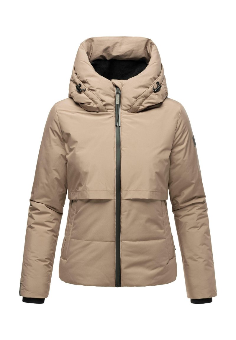 Beige padded jacket with a high, hooded collar, featuring a front zipper, two pockets, and black accents on the cuffs and zipper.