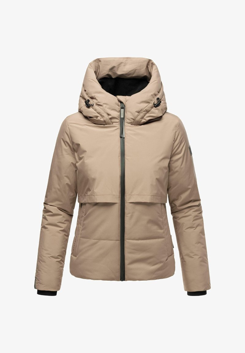 Beige vuorattu takki, jossa on korkea hupullinen kaulus, edessä vetoketju, kaksi taskua ja mustia yksityiskohtia hihoissa sekä vetoketjussa.