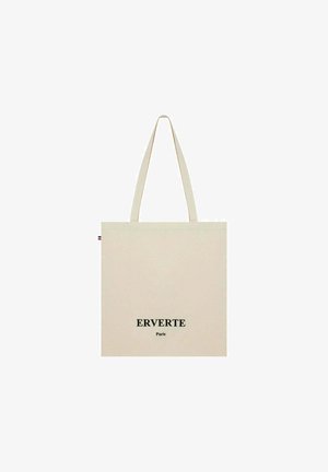 Sac fourre-tout en toile beige avec de longues anses, présentant le texte "ERVERTE Paris" en noir centré sur un côté.