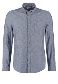 Chemise homme à manches longues en chambray bleu, avec col boutonné et une poche poitrine unique.