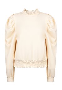 Crème-kleurige pullover met een gerimpelde hoge halslijn, gathered pofmouwen en een smockzoom. Gemaakt van een glad, zacht materiaal.