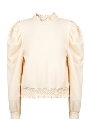 Crème-kleurige pullover met een gerimpelde hoge halslijn, gathered pofmouwen en een smockzoom. Gemaakt van een glad, zacht materiaal.