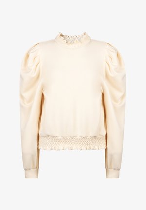 Crème-kleurige pullover met een gerimpelde hoge halslijn, gathered pofmouwen en een smockzoom. Gemaakt van een glad, zacht materiaal.