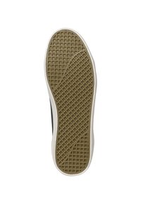 Gumijas apavu zole ar teksturētu rakstu, brūnā pamatnes krāsā un baltām malām. Dizains ietver režģveida berzes virsmu, lai nodrošinātu saķeri.