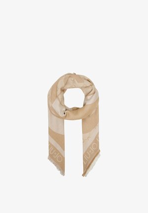 Beżowo-kremowy szalik z subtelnymi geometrycznymi wzorami i logo "LIU·JO", miękki materiał i frędzle na krawędziach, złożony w pętlę.