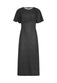 Robe noire avec des manches courtes évasées, dotée d'un corsage ajusté et d'une jupe fluide jusqu'à la cheville. Le tissu présente un motif à pois blancs.