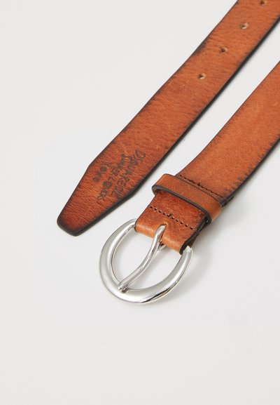 Tan leather belt with a smooth texture, featuring a silver oval buckle and multiple holes for adjustment. Includes branded imprint on the underside.