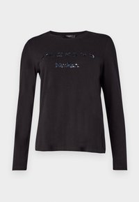 T-shirt nero a maniche lunghe con collo rotondo, caratterizzato da un design di testo in paillettes sul petto. Realizzato in morbido cotone elasticizzato.