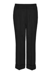 Pantalon de costume droit noir avec ourlets retroussés, plis à l'avant et passants pour ceinture.