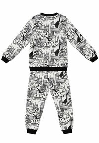 Schwarz-weiße Dinosaurier-Pyjama-Set, mit grafischen Drucken, gerippten Bündchen und einer weichen Stofftextur. Enthält lange Ärmel und Hosen.