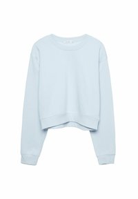 Sweatshirt court bleu clair en tissu doux, avec un col rond et des manches longues à poignets ajustés. Design simple et sans couture.