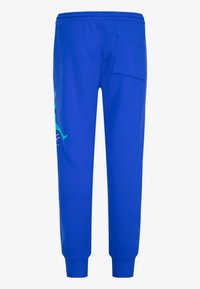 Světle modré tepláky s elastickými manžetami, elastickým pasem, zadní nášivkou na kapsu a částečnou tyrkysovou grafikou po straně.