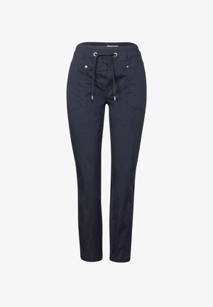 Námořnické modré elastické kalhoty v pase s šňůrkou, které mají dvě přední kapsy a štíhlý střih. Hladká textura a ležérní styl.