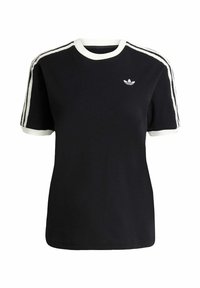 Black cotton t-shirt with white accents on the collar and sleeves, featuring three white stripes on each shoulder and a small logo on the chest.
