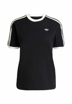 T-shirt en coton noir avec des accents blancs sur le col et les manches, arborant trois rayures blanches sur chaque épaule et un petit logo sur la poitrine.
