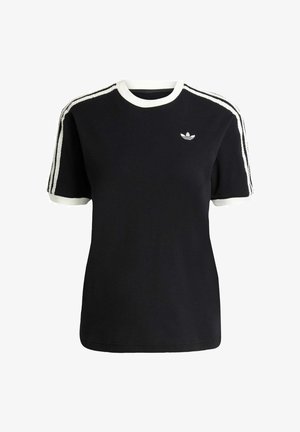 Crna pamučna majica s bijelim detaljima na ovratniku i rukavima, s tri bijele pruge na svakom ramenu i malim logotipom na prsima.