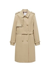 Trench-coat beige mi-longueur avec boutons croisés, taille ceinturée, épaulettes aux épaules et sangles de poignet ajustables.