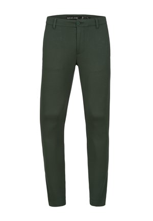 Ciemnozielone spodnie wykonane z elastycznego materiału, wąski krój, z przodem na guzik oraz standardowym pięciokieszeniowym stylem.
