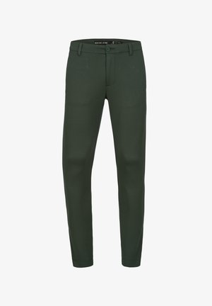 Ciemnozielone spodnie wykonane z elastycznego materiału, wąski krój, z przodem na guzik oraz standardowym pięciokieszeniowym stylem.