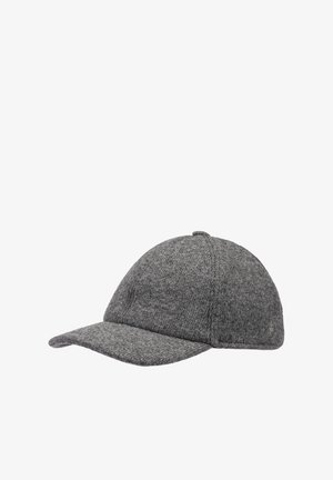 Gray knitted baseball cap with a curved brim and a small metal logo on the side, displayed on a white background.