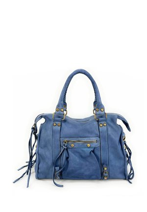 Sac à main en cuir bleu avec des poignées arrondies, poche zippée à l'avant, coutures décoratives et accents en laiton. Surface douce et texturée.