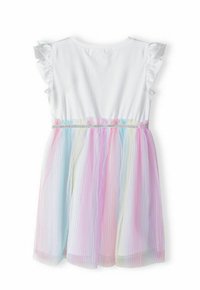 Robe blanche avec des manches courtes à volants, une taille élastique et une jupe en tulle pastel multicolore. Présente un accent argenté le long de la taille.