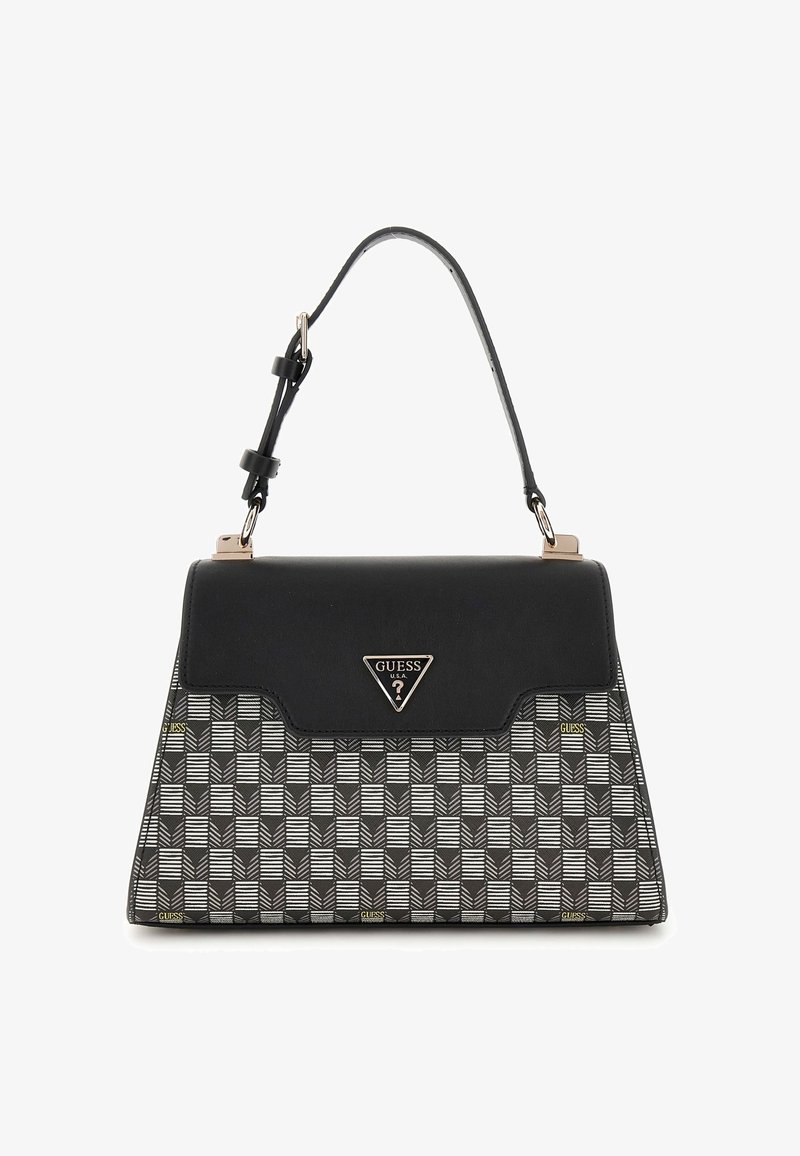 Melnā un baltā rakstainā rokassoma ar stingru dizainu, kas ietver teksturētu pamatu, spīdīgu melnu pārklāju un zelta toņu logotipa akcentu.