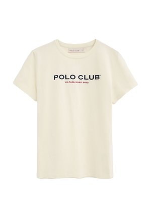 Kremefarvet T-shirt med korte ærmer med teksten "POLO CLUB" i marineblå og "ESTABLISHED 2012" i rødt midt på brystet.